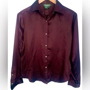 Lauren Ralph Lauren Wine Merlot 100% Silk Long Sleeve Button Up Shirt Size 4P